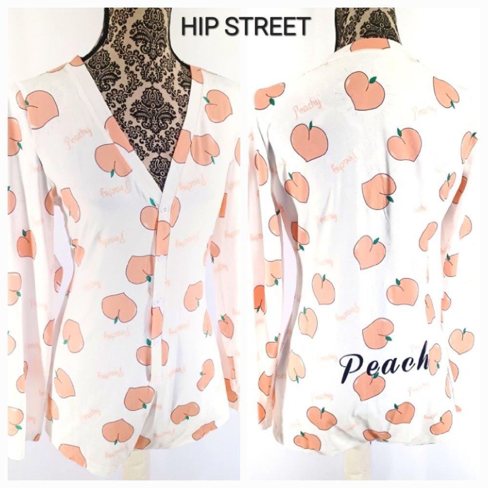 PEACH Print LS Button Front Stretch Sleep Romper L NWOT